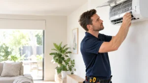 Technician servicing a wall-mounted air conditioner